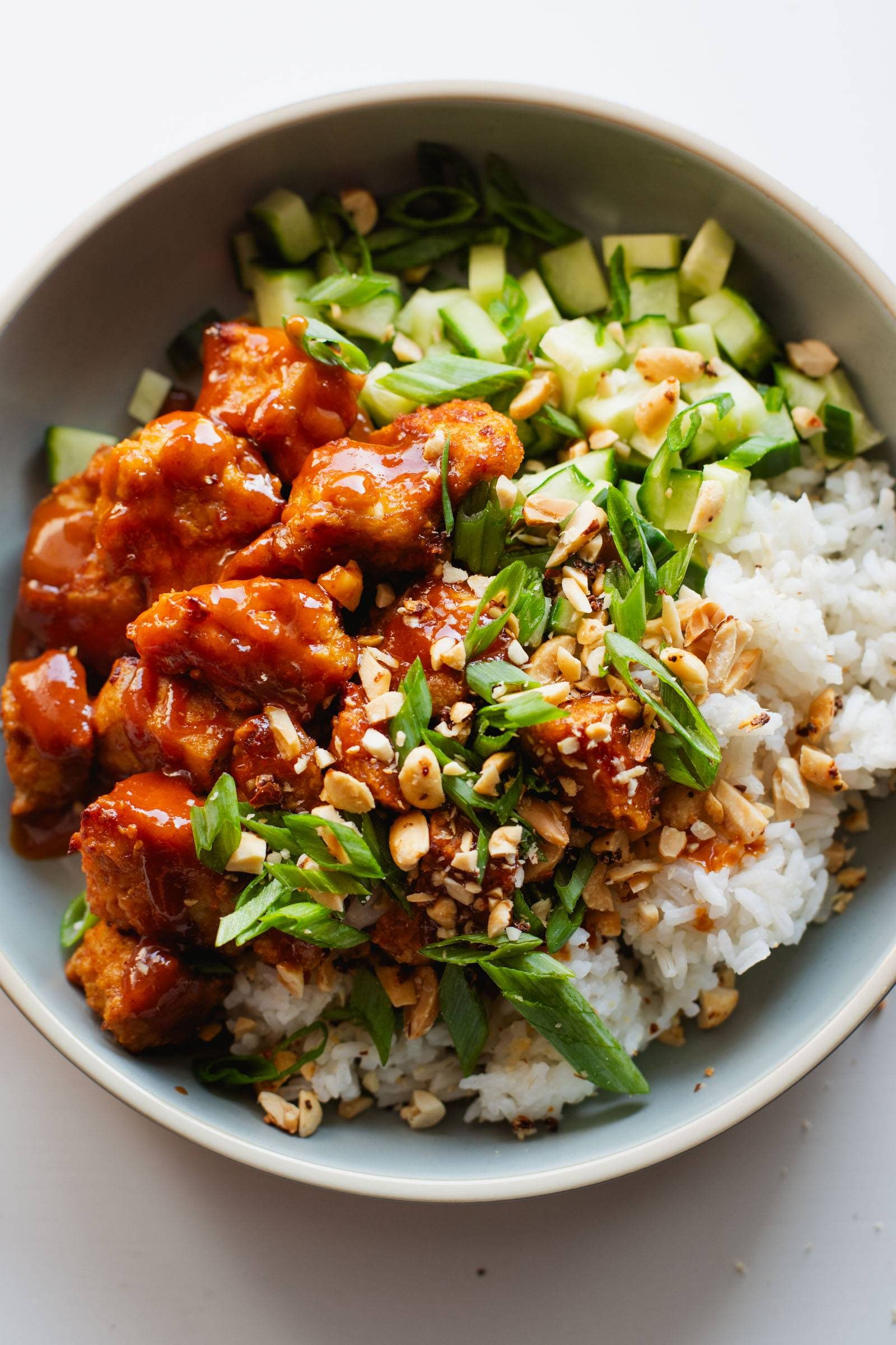 Gochujang tofu on rice.