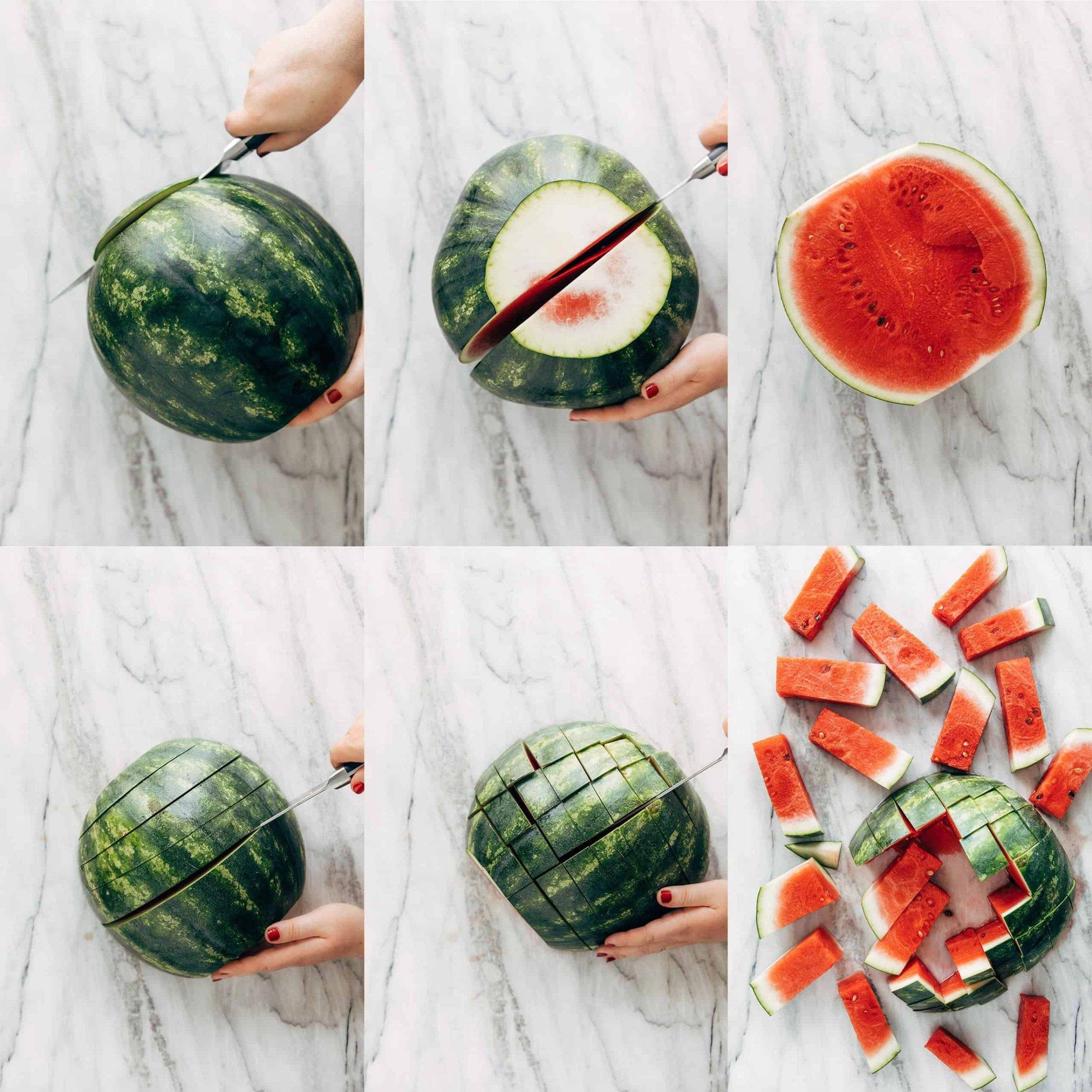 Collage showing how to cut a watermelon into sticks.
