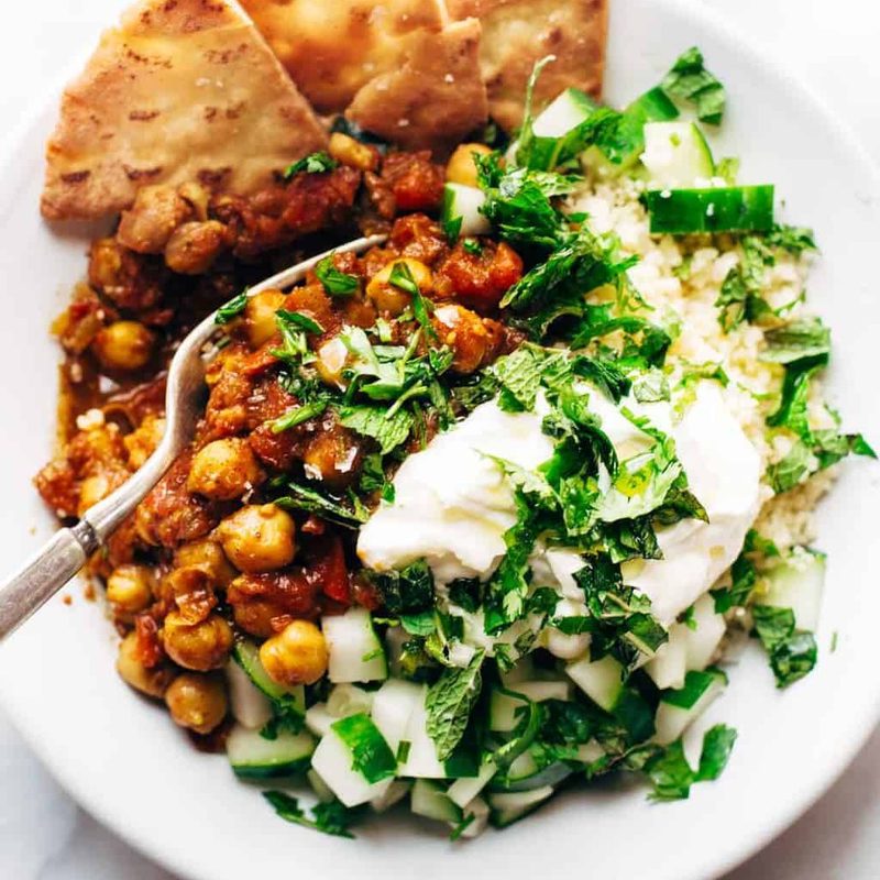 Moroccan Chickpeas in a bowl with couscous.
