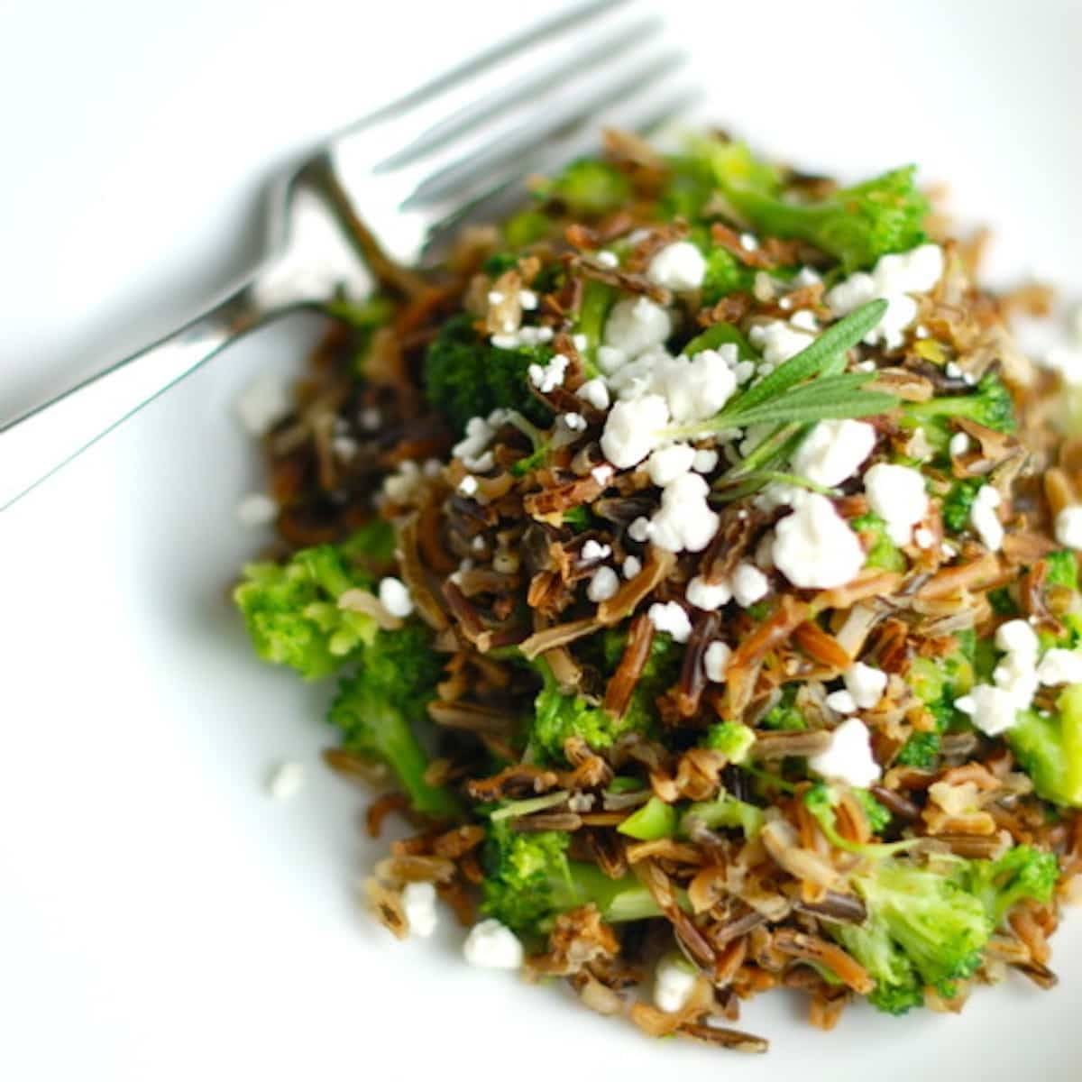Rosemary goat cheese wild rice on a white plate with a fork.