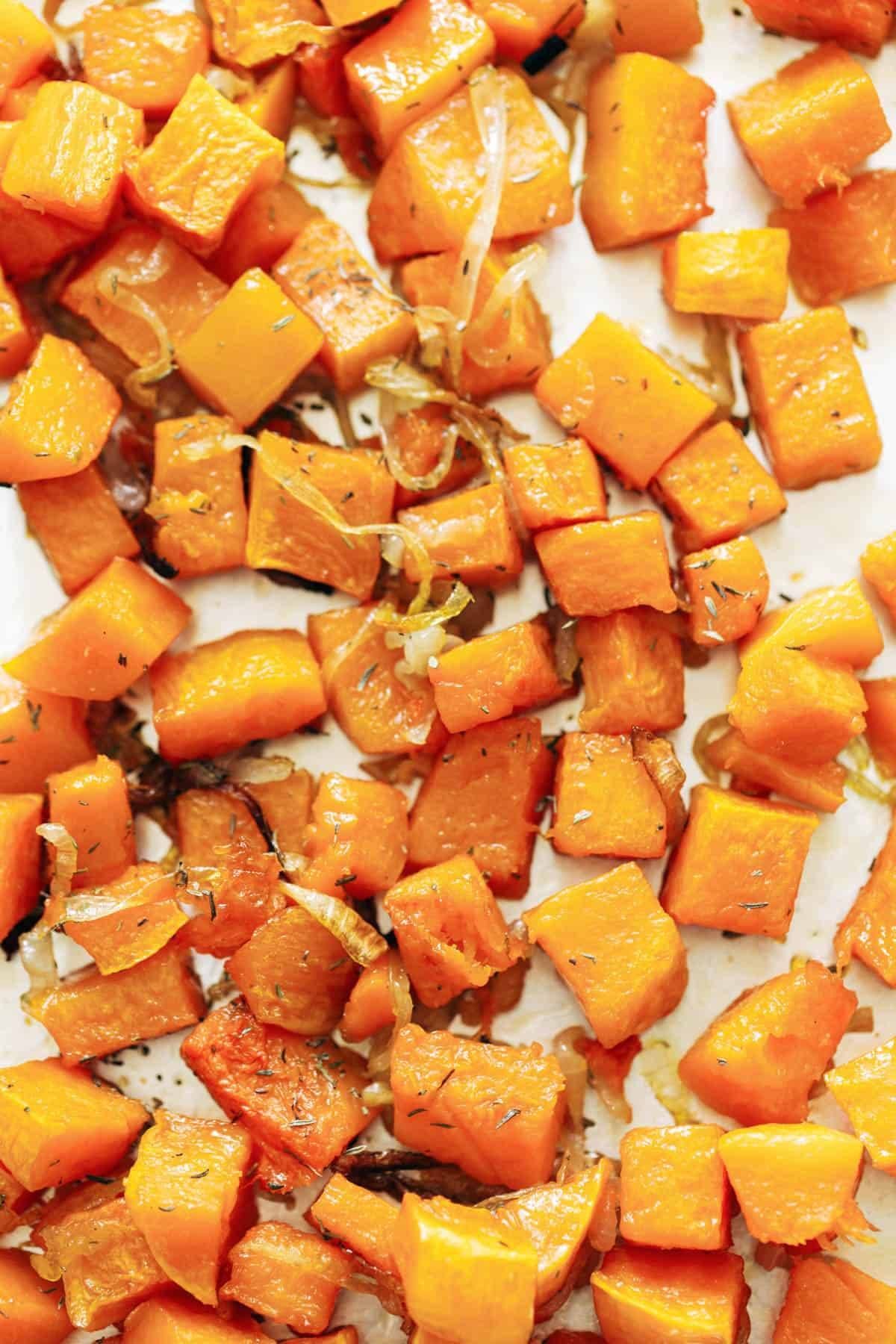 Herbed squash on a sheet pan.